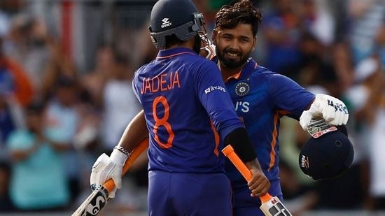 Rishabh Pant celebrates reaching his century with Ravindra Jadeja&nbsp;(Action Images via Reuters)