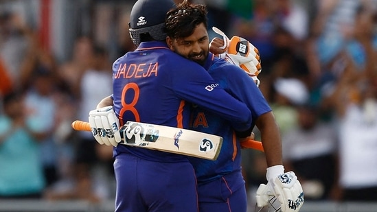 India's Rishabh Pant celebrates reaching his century with Ravindra Jadeja(Reuters)