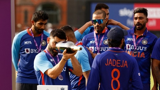 Virat Kohli is pictured with a bottle of English sparkling wine after winning the match(Action Images via Reuters)