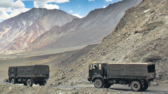 Indian Army trucks at Pangong Tso lake near the India-China border in Ladakh area.&nbsp;(AP File)