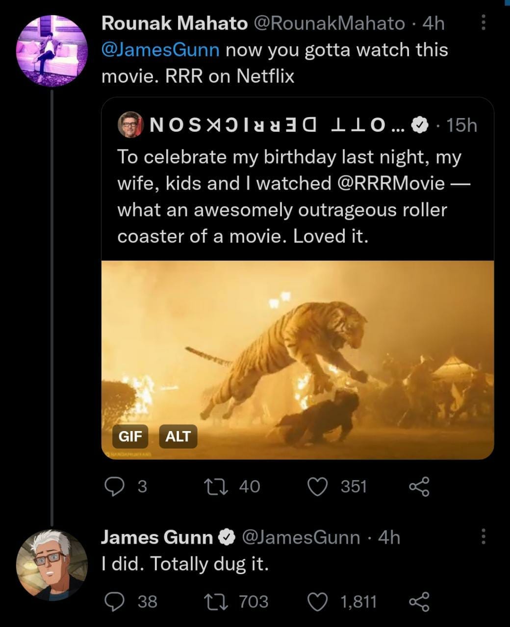 James Gunn and Scott Derrickson's tweets praising RRR.