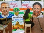 Artists paint portraits of presidential candidates Droupadi Murmu and Yashwant Sinha. (PTI PHOTO.)(HT_PRINT) Artists paint portraits of presidential candidates Droupadi Murmu and Yashwant Sinha. (PTI PHOTO.)(HT_PRINT)