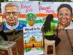 Artists paint portraits of presidential candidates Droupadi Murmu and Yashwant Sinha, ahead of the Presidential elections in Mumbai. (HT photo) Artists paint portraits of presidential candidates Droupadi Murmu and Yashwant Sinha, ahead of the Presidential elections in Mumbai. (HT photo)