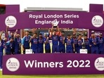 India team members celebrate with the Royal London Series trophy after winning the match&nbsp;(Action Images via Reuters)