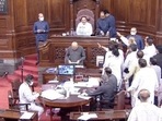 Opposition MPs protest in Rajya Sabha and walk up to the Well of the House over inflation and GST rate hikes.