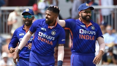 India's Hardik Pandya, 2nd right, celebrates with captain India's Rohit Sharma (AP)