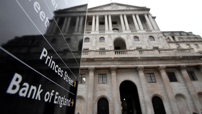 FILE PHOTO: The Bank of England (BoE) building is reflected in a sign, London, Britain. (REUTERS)
