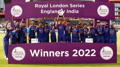 India team members celebrate with the Royal London Series trophy after winning the match&nbsp; (Action Images via Reuters)