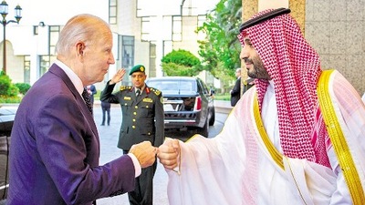 The much criticised fist bump between President Joe Biden (left) and Saudi Crown Prince Mohammed bin Salman in Jeddah. (AP) The much criticised fist bump between President Joe Biden (left) and Saudi Crown Prince Mohammed bin Salman in Jeddah. (AP)