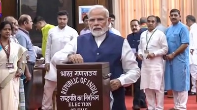 Prime Minister Narendra Modi casts his vote for the Presidential elections at Parliament in New Delhi. (PTI) Prime Minister Narendra Modi casts his vote for the Presidential elections at Parliament in New Delhi. (PTI)