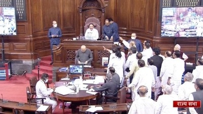 Opposition MPs protest in Rajya Sabha and walk up to the Well of the House over inflation and GST rate hikes. (ANI)
