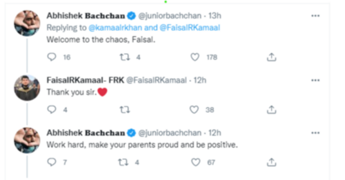 Abhishek Bachchan's comment on KRK's tweet. Abhishek Bachchan's comment on KRK's tweet.
