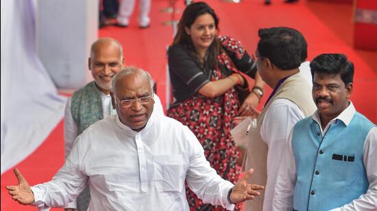 Congress MP Mallikarjun Kharge before voting in the election for the President of India at Parliament House in New Delhi on Monday. (PTI PHOTO.)