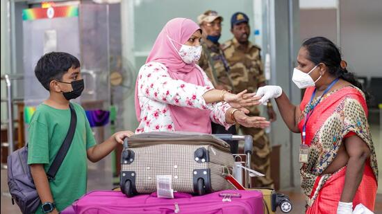 An international passenger undergoes screening, amid cases of monkeypox in India, at Chennai airport. (PTI) An international passenger undergoes screening, amid cases of monkeypox in India, at Chennai airport. (PTI)