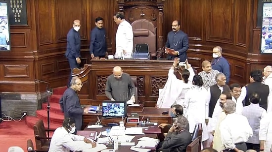 Opposition MPs protest in Rajya Sabha and walk up to the Well of the House over inflation and GST rate hikes on the first day of Monsoon Session.&nbsp;(ANI Photo)