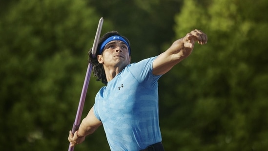 Olympic champion Neeraj Chopra throws a javelin while training&nbsp;(Under Armour)