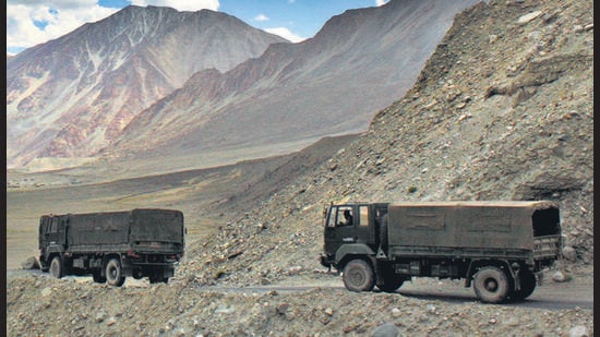 In this Sept. 14, 2017, file photo, Indian army trucks drive near Pangong Tso lake near the India China border in India's Ladakh area.(AP)