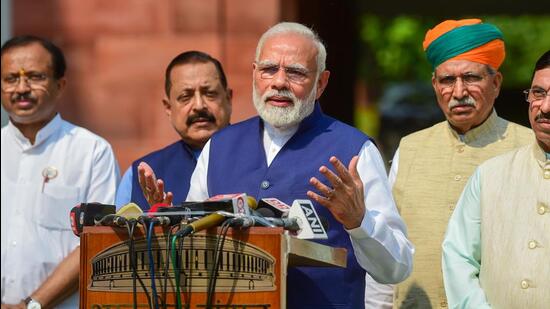 Prime Minister Narendra Modi addresses media on the first day of the Monsoon Session of Parliament, in New Delhi, on Monday. (PTI)