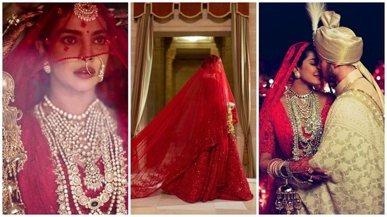 We cannot start this piece without mentioning Priyanka's iconic wedding look crafted by ace Indian couturier Sabyasachi Mukherjee. She wore a head-to-toe sindoori red lehenga set and a long veil to marry Nick Jonas at Umaid Bhawan Palace in Jodhpur. Additionally, her outfit had all the markers of a traditional Indian bride - bindi, sindoor, nath, maang tikka, heavy traditional jewellery and kaleera.(Instagram/@priyankachopra)