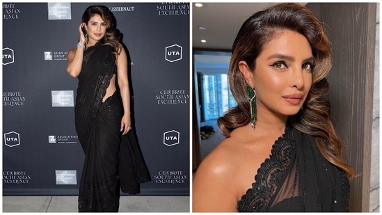 Priyanka Chopra looks absolutely gorgeous in an embroidered black saree and strapless blouse. She styled the six yards with standout jewellery pieces and bold makeup.(Instagram/@priyankachopra)