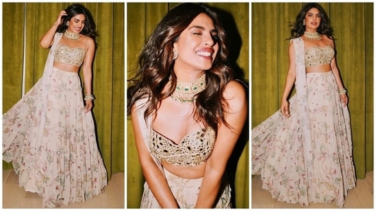 Priyanka Chopra ringed in Diwali eve celebrations in this beauteous look created by designer Arpita Mehta. The actor served her fans with the ultimate bridesmaid look in the ensemble featuring an embellished strapless blouse, floral lehenga skirt and matching dupatta. A heavy gold choker necklace with matching earrings rounded it all off.(Instagram/@priyankachopra)