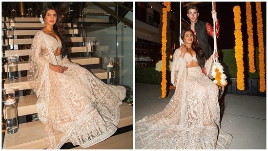 This Diwali look speaks of Priyanka's unbeatable elegance. The star slipped into a heavily-embellished ivory lehenga set designed by Falguni Shane Peacock to host a star-studded bash at her Los Angeles home. She included Indian styling elements like the gajra and traditional jewellery to her beauteous outfit.(Instagram/@priyankachopra)