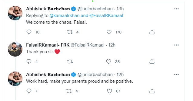 Abhishek Bachchan's comment on KRK's tweet. Abhishek Bachchan's comment on KRK's tweet.