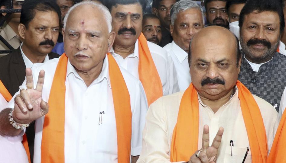 Karnataka chief minister Basavaraj Bommai with former CM Yediyurappa. (PTI Image)
