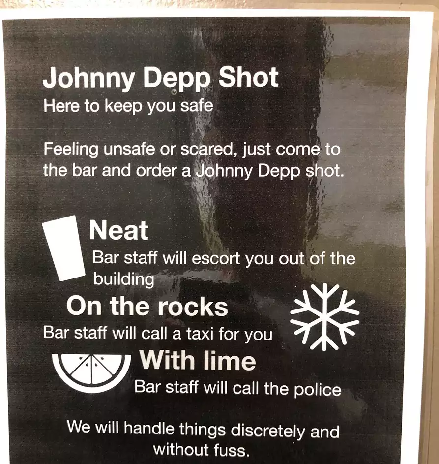 A bar sign with ‘Johnny Depp shots’.