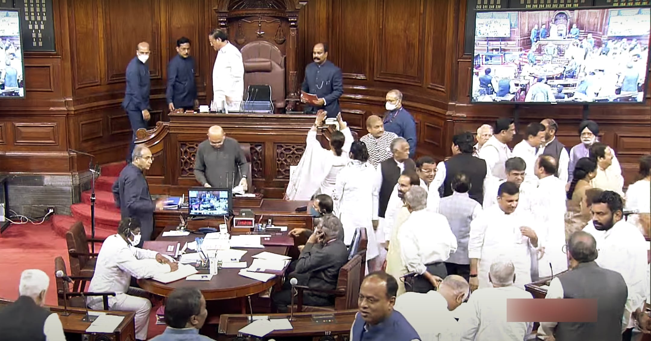 Opposition MPs protest in Rajya Sabha and walk up to the Well of the House over inflation and GST rate hikes on the first day of Monsoon Session. (ANI Photo) Opposition MPs protest in Rajya Sabha and walk up to the Well of the House over inflation and GST rate hikes on the first day of Monsoon Session. (ANI Photo)