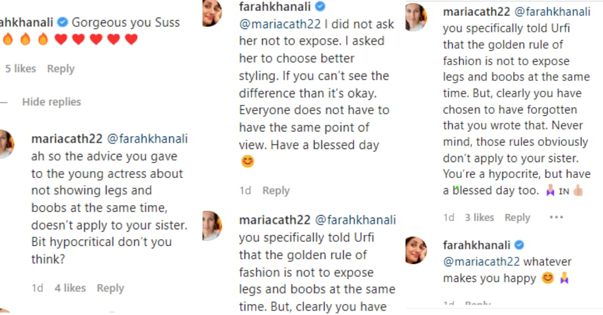 An exchange between Farah Khan Ali and an internet user.