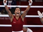 Lovlina Borgohain celebrates after the fight against Chen Nien-Chin of Taiwan at Tokyo Games.(Reuters) Lovlina Borgohain celebrates after the fight against Chen Nien-Chin of Taiwan at Tokyo Games.(Reuters)