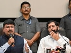 Shiv Sena MP Rahul Shewale speaks as Maharashtra CM Eknath Shinde and party MP Bhavana Gawali look on during a press meet in New Delhi on Tuesday.