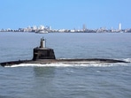 Indian Navy's Scorpene class diesel attack submarine patrolling waters outside Mumbai harbour. Indian Navy's Scorpene class diesel attack submarine patrolling waters outside Mumbai harbour.