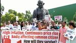 Congress MP Rahul Gandhi joins the Opposition protest on the issues of inflation and price rise in front of Mahatma Gandhi’s statue in Parliament complex during the monsoon session. (ANI) Congress MP Rahul Gandhi joins the Opposition protest on the issues of inflation and price rise in front of Mahatma Gandhi’s statue in Parliament complex during the monsoon session. (ANI)