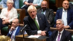 A handout photograph released by the UK Parliament shows Britain's Prime Minister Boris Johnson speaking during a debate ahead of a confidence vote in the ruling Conservative government, in the House of Commons in London.