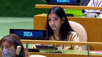 First Secretary Sneha Dubey at the UN Security Council high-level special event on global food security crisis on Monday. (ANI) First Secretary Sneha Dubey at the UN Security Council high-level special event on global food security crisis on Monday. (ANI)