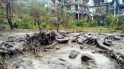 A flashflood damaged houses and farm land at Shalkar village in Kinnaur district of Himachal Pradesh on the China border on Monday evening. (Representative photo) A flashflood damaged houses and farm land at Shalkar village in Kinnaur district of Himachal Pradesh on the China border on Monday evening. (Representative photo)