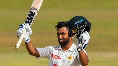 Abdullah Shafique celebrates after scoring a century (100 runs) during the fourth day of the first cricket Test match between Sri Lanka and Pakistan. (AFP) Abdullah Shafique celebrates after scoring a century (100 runs) during the fourth day of the first cricket Test match between Sri Lanka and Pakistan. (AFP)