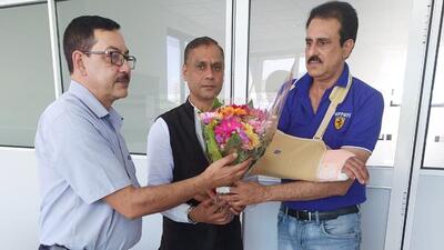 Injured Indian visa centre official Vivek Varma (right) with high commission officials in Colombo, Sri Lanka. (Twitter Photo)