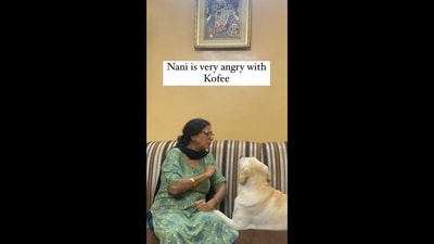 The image shows the woman interacting with her dog. The text insert on the image reads, “Nani is very angry with Kofee.” (Instagram/@a_windy_soul) The image shows the woman interacting with her dog. The text insert on the image reads, “Nani is very angry with Kofee.” (Instagram/@a_windy_soul)
