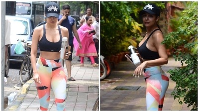 In the end, Malaika chose a printed black baseball cap, pink flip flops and pastel blue acrylic nails to complete the styling of her gym look. Lastly, a bare face and sleek ponytail rounded it all off. (HT Photo/Varinder Chawla)