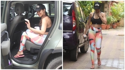 Malaika teamed the sports bra with high-waisted gym tights featuring an abstract pattern in pastel blue, peach, yellow, black and white shades. The snug fit of the bottoms added a trendy touch to Malaika's gym look. (HT Photo/Varinder Chawla)