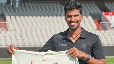 Washington Sundar dismissed Northamptonshire captain Will Young. (Lancashire Twitter) Washington Sundar dismissed Northamptonshire captain Will Young. (Lancashire Twitter)