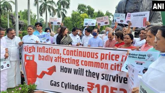 Congress leader Rahul Gandhi joins Opposition protest over the issues of inflation and price rise at Parliament on the second day of the monsoon session