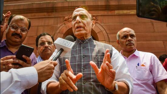 Union defence minister Rajnath Singh at Parliament House during the ongoing monsoon Session in New Delhi on Tuesday. (PTI Photo) Union defence minister Rajnath Singh at Parliament House during the ongoing monsoon Session in New Delhi on Tuesday. (PTI Photo)