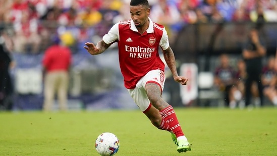 Gabriel Jesus runs with the ball against Everton during the first half of a pre-season friendly(AP)