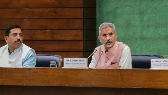 External affairs minister S. Jaishankar with Union ministers Pralhad Joshi and Parshottam Rupala during a meeting with on Sri Lanka on Tuesday.(PTI)