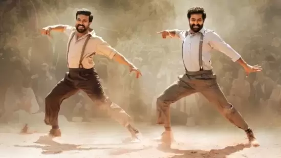 A still from RRR featuring Ram Charan and Jr NTR. A still from RRR featuring Ram Charan and Jr NTR.