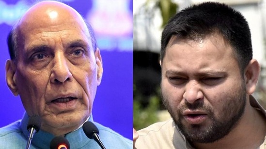 Defence minister Rajnath Singh and RJD leader Tejashwi Yadav